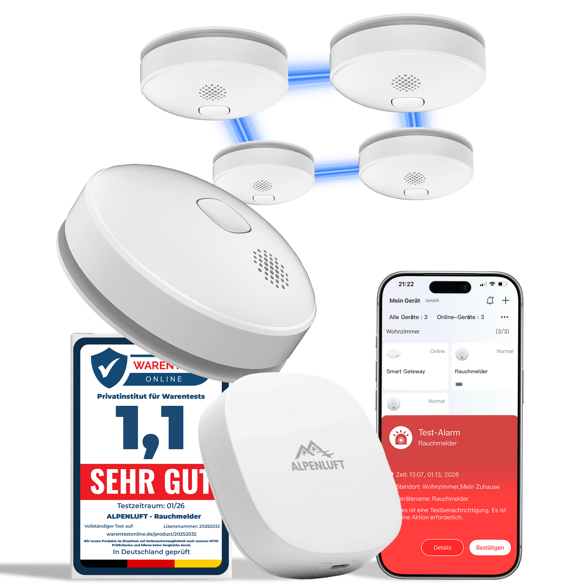 Alpenluft Smart Rauchmelder 5er Set mit Gateway